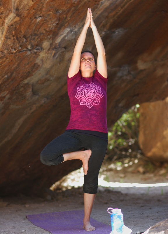 Beth Marek in Tree Pose, Hueco Tanks State Park